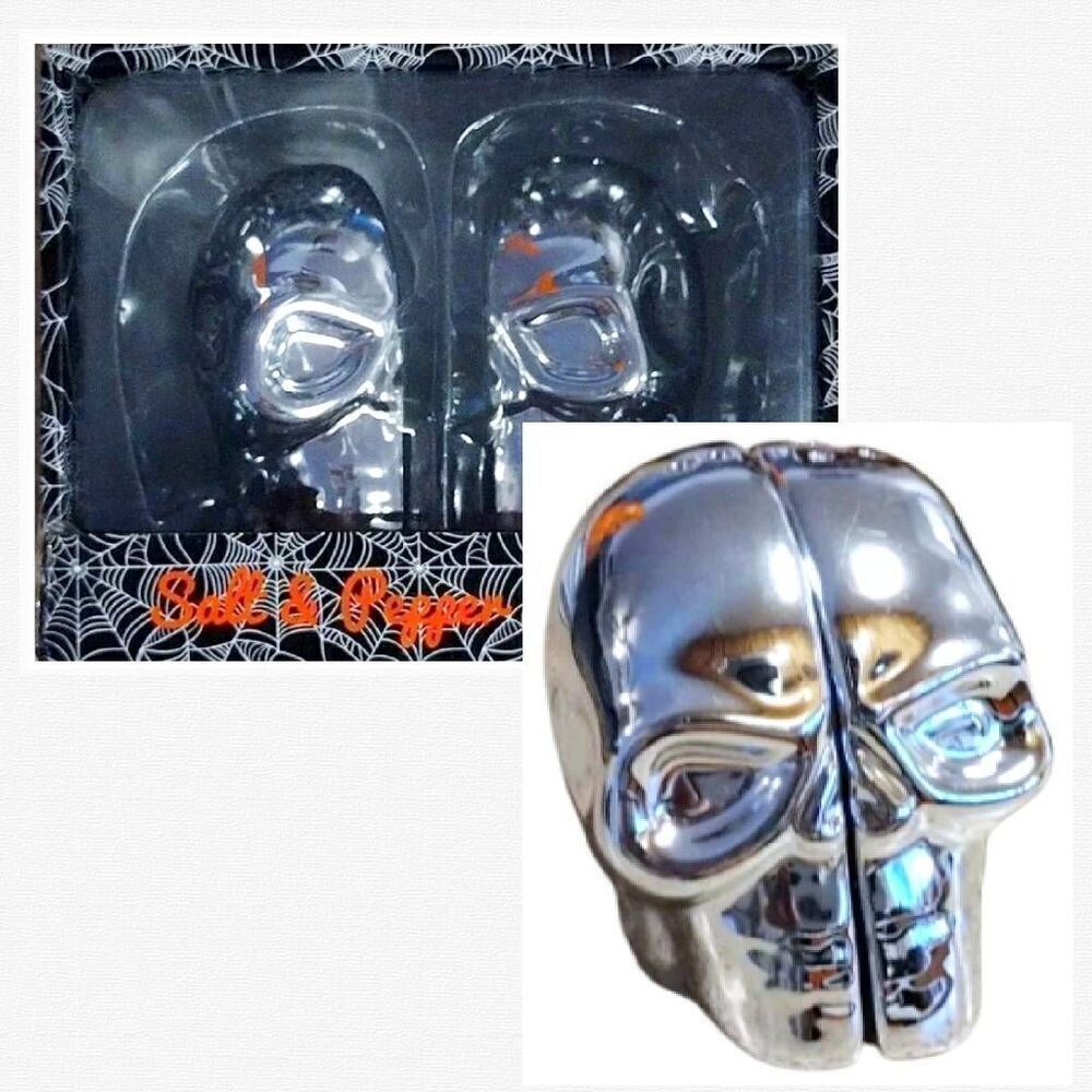 Halloween Mirrored Skull Salt and Pepper Shakers Set NWT